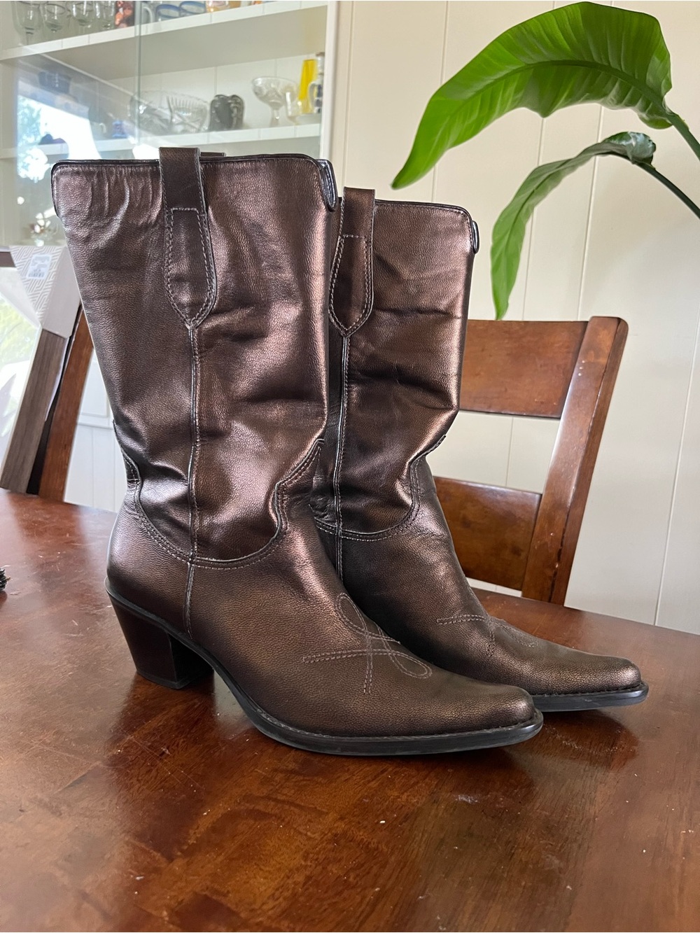 Franco Sarto Metallic Bronze Mid-Calf Block Heel Boots